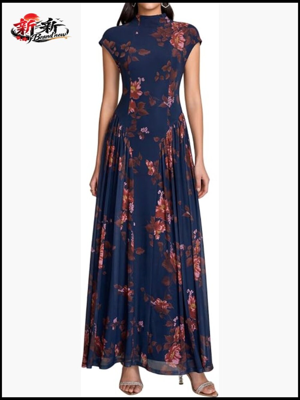 Elegant Maxi Formal Wedding Guest Dress Floral Cap Sleeve A-Line